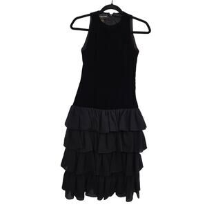 VTG St. Gillian Silk Velvet Tiered Ruffle Midi Dress BlackRed 4 Cocktail Elegant
